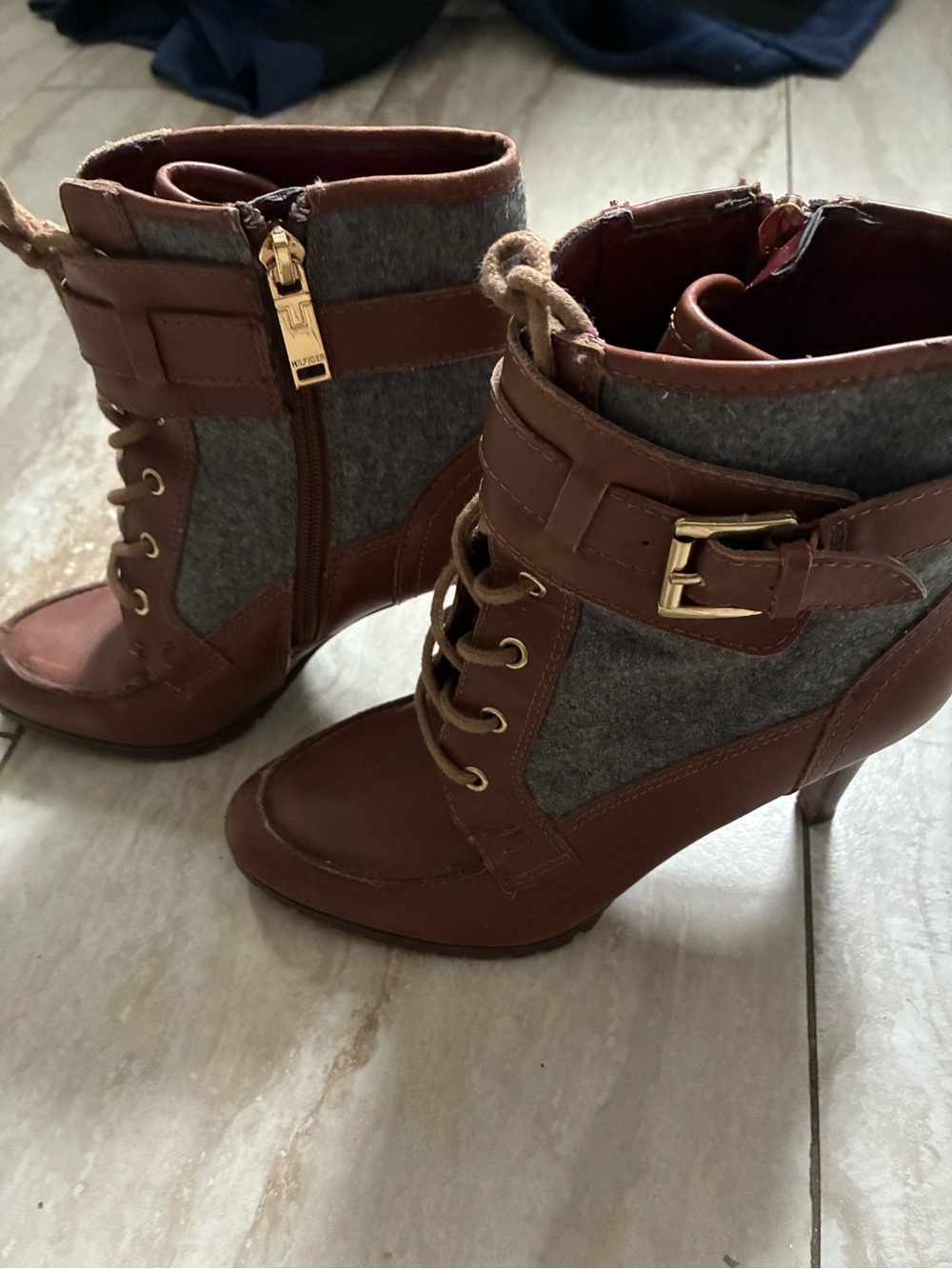 Tommy Hilfiger Brown Leather and Gray Wool Lace-Up Heeled Ankle Boots